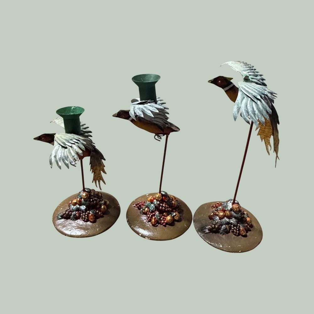 Silvestri Vintage Metal Pheasant Taper Candle Holder Set of 3 Flying Birds Decor